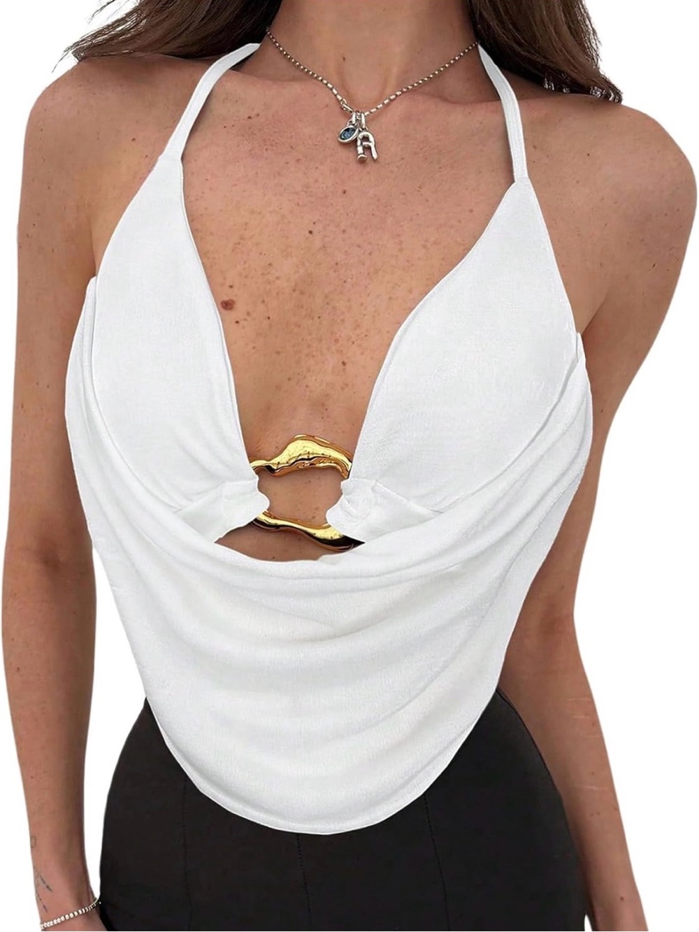 White Halter Drape Top with Gold Lip Hardware